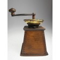 Antique original coffee mill, grinder, wood and brass