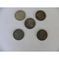 1896 ZAR 6 PENCE SILVER KRUGER COINS x 5 COINS