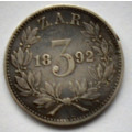 1892 ZAR SILVER 3 PENCE KRUGER COIN
