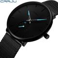 Crrju Mens Ultra Thin Black Stainless Steel Water Proof Watch