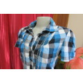 Modern blue, black, grey and white check short sleeve 'Legit' top in size 34/10.