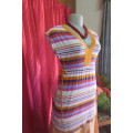 Casual long rayon stretch top with orange, purple, pink horizontal stripes on white size 34/10.