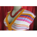 Casual long rayon stretch top with orange, purple, pink horizontal stripes on white size 34/10.