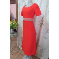 Attractive red maxi owner made empire style dress with short sleeves size 32/8. Very good cond.