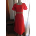 Attractive red maxi owner made empire style dress with short sleeves size 32/8. Very good cond.