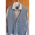Steel blue men's hand knitted waistcoat with V neckline and button down front size XL.