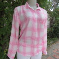 Soft and silky white and pink check long sleeve blouse in 100% polyester chiffon. Size 30/6 As new