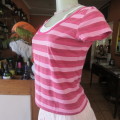 Sexy little capped sleeve top in horizontal stripes in pinks.Scooped neckline. Size 32/8.As new