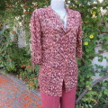 Pretty animal print top in brown colours by Kelso in size 34/10. Button down front with open collar.