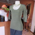 Edgy dark hunters green cotton stretch top with black horizontal stripes. Studded shoulders. Size 34