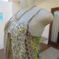 Strappy top for summer in lively green with turquoise and brown stripe and floral design size 32/8