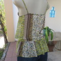 Strappy top for summer in lively green with turquoise and brown stripe and floral design size 32/8