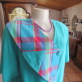 Unique turquoise short sleeve jacket with one sided multicolour check collar.Size 44/20 by CHESS.