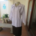 White extra long top with brown,mustard and white embossed vertical stripes. Size 42/18 by PRIMA.
