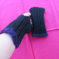 Hand knitted black fingerless mittens. Handy for work. Size Medium to Large. With purple edging.
