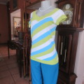 Cute viscose/nylon knit slip over top with diagonal stripes in blue,white and limegreen. Size 34/10.