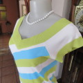 Cute viscose/nylon knit slip over top with diagonal stripes in blue,white and limegreen. Size 34/10.