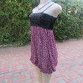 Evening dress with black stretch sequins top and violet/pink animal print balloon skirt size 32/8