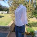Sassy button down tailored top in pale peach and white vertical stripes. Size 34/10, Open collar.