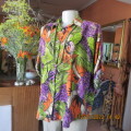 Striking picture print top in purple/orange/green and black by SPINDRIFTER Hawaii.Size 38/14 As new.