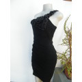 Amazing black bodycon one shoulder size 32/8 dress with black floral/silver decoration.By TRUWORTHS.