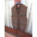 Handsome as new men`s acrylic knit sleeveless cardigan in brown and dark colours pattern lines.XL
