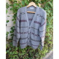 Excellent quality Men`s ADONIS knitted cardigan. Ecru/grey with maroon/olive pattern lines.Size XL