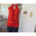 Sweet red silky creased blouson sleeveless top.Wide elasticated seamline.Size 30/6 by IQ.New cond.