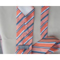 Beautiful textured polyester coral/blue/white neck tie. Width 8.5.By CIGNAL.Diagonal stripes.As new