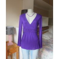 Dark purple empire style long viscose stretch long sleeve top.Size 34/10.Gathered,frilled band.