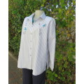 Tastefully blue bird embroidered white/grey striped polycotton size 42/18 long sleeve top.As new