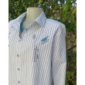 Tastefully blue bird embroidered white/grey striped polycotton size 42/18 long sleeve top.As new