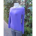 Off the shoulder sexy long sleeve purple top in polycotton stretch.Foldover collar.Size 34 by PLUR.
