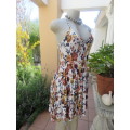Cute white summer dress with autumn colour flowers. Halter neck with 6 thin straps at back.Size 32/8