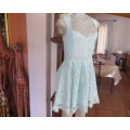 Sweet aquamarine knee length acrylic lace evening/daywear dress fully lined size 33/9 by WWW. As new