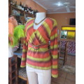 Warm mustard/coral/brick colour striped long sleeve stretch poly top.Size 38 by EXACT.Cross over