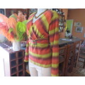 Warm mustard/coral/brick colour striped long sleeve stretch poly top.Size 38 by EXACT.Cross over