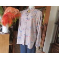 As new REFLEX USA long sleeve light brown with coral/blue pattern blouse.Silky polyester.Size 42