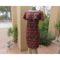 Eye catching graphic printed autumn colour slip over dress. Bertha collar by JUDY`S PRIDE size 36