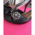 Pair fancy black ankle strap sandals with high heels Wide strap over foot.Size 7 by TRUWORTHS,As new