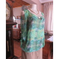 Sexy sheer polyester slip over naked shoulder raglan sleeve top in greens.Size 42/18.Blouson style.