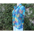 Colourful sheer poly short sleeve button down top/shirt collar. Blue with pink/yellow butterflies.36