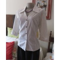 Elegant tailored white polycotton button down top with black vertical stripes,V front/open collar.40
