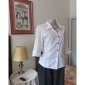 Elegant tailored white polycotton button down top with black vertical stripes,V front/open collar.40