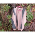 Men`s sleeveless V neck acrylic knit pullover in beige with jade/grey lines.Size XXL by LE MANS.