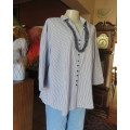 Casual light blue/navy vertical striped button down V neck top with open collar.By PENNY C size 44