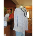Casual light blue/navy vertical striped button down V neck top with open collar.By PENNY C size 44