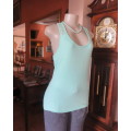 Sweet seafoam green stretch viscose with lace yoke shoulders and back .U front neckline .Size 36.