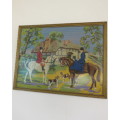 Beautiful framed wool tapestry 58cm x 44cm of 2 horses with riders and dogs.House and trees.As new