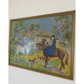Beautiful framed wool tapestry 58cm x 44cm of 2 horses with riders and dogs.House and trees.As new